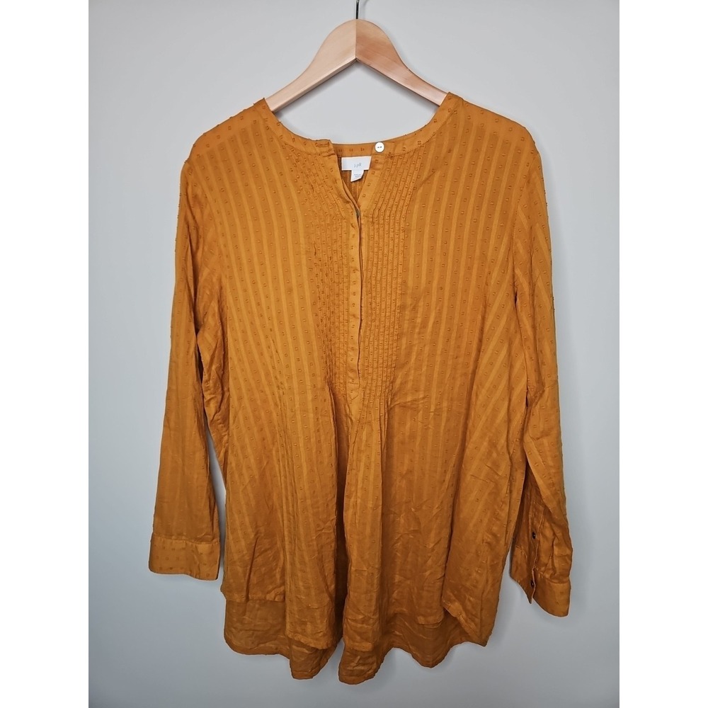 J.Jill Top Women L Mustard Yellow Popover Swiss Dot Pintuck Tunic Boho Hippie